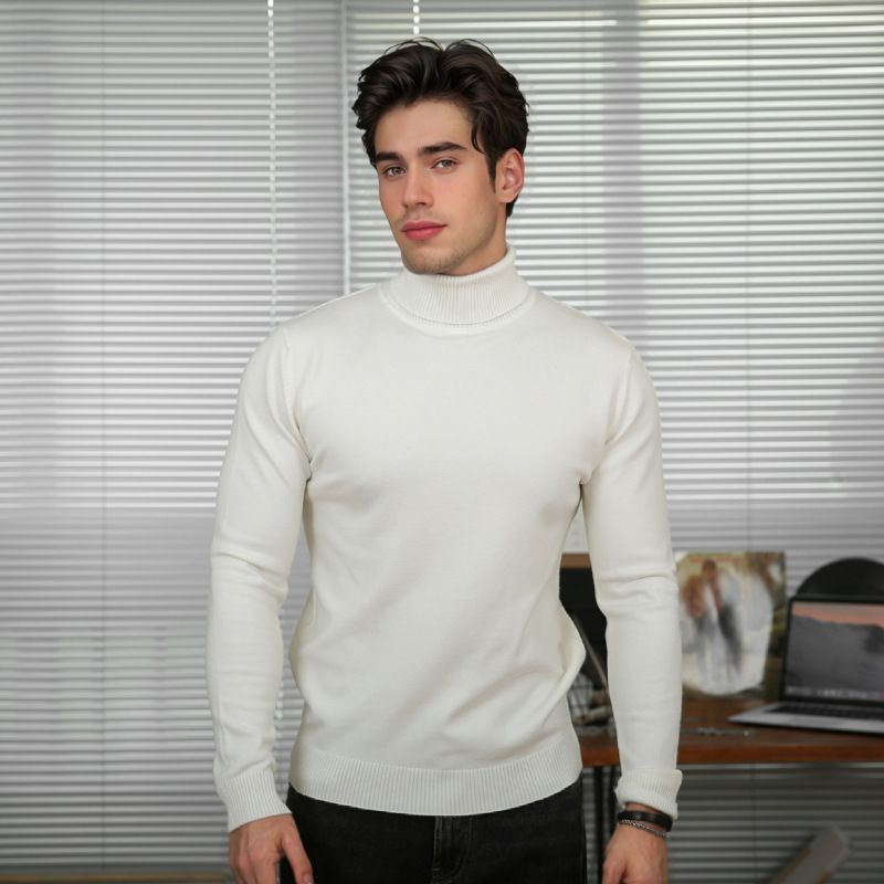 Men's Slim Fit High Neck Solid Color Sweater - Stretch Knit Pullover For Winter & Fall (Black/White/Beige)_viptrois.com