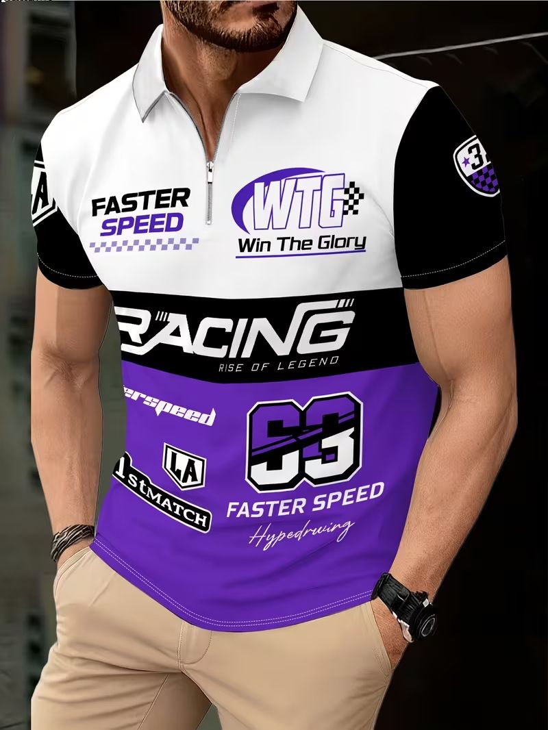 Men's Clothing Zipper Polo Shirt - 3D Racing Print Breathable Pique Knit With Modern Fit_viptrois.com