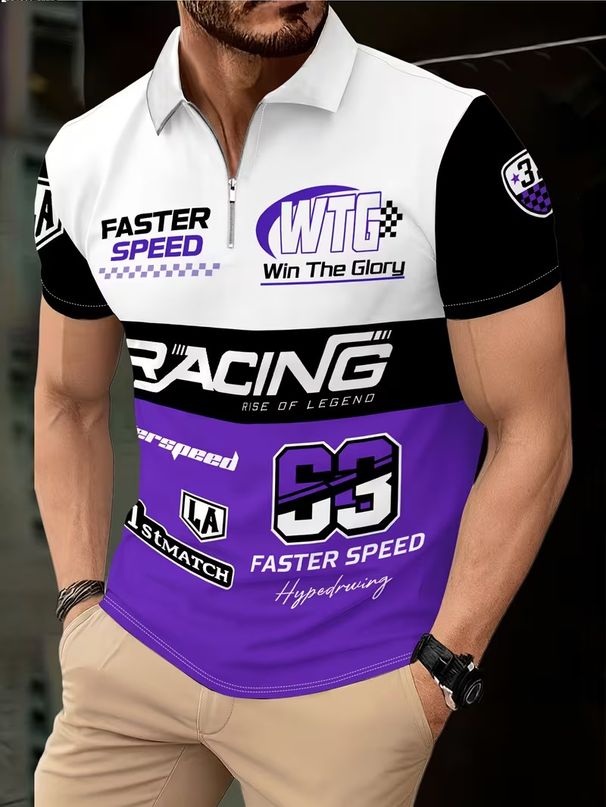 Men's Clothing Zipper Polo Shirt - 3D Racing Print Breathable Pique Knit With Modern Fit_viptrois.com