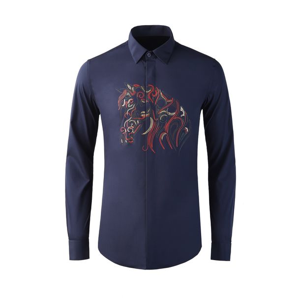 Men’s Printed Long-Sleeve Shirt – Fashion Cotton Blend, Slim Fit, Unique Trendy Style (White/Black/Navy/Color Blue)_viptrois.com