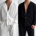 Men's Clothing thin solid color sexy deep v cardigan knitted sweater shirt casual fashion suit two piece suit men_viptrois.com