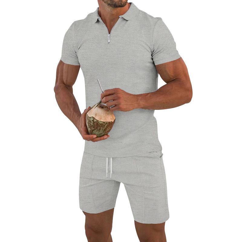 Men's Clothing Casual Short Sleeve T-Shirt Shorts Set Breathable Cotton Blend Comfortable Sportswear (White, Black, Khaki, Royal Blue, Light Gray)_viptrois.com