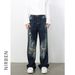 Men's Clothing Retro Distressed Denim Suit Jacket Washed Loose Straight Trousers_viptrois.com