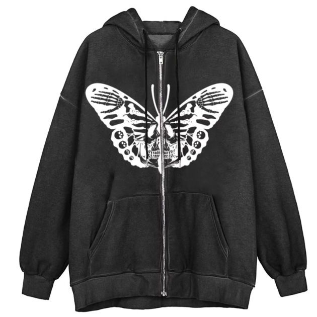 2024 Autumn Winter New Butterfly Zipper Sweatshirt Long Sleeve Loose Casual Gothic Jacket_viptrois.com