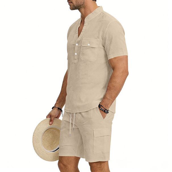 Men's Summer Casual Linen Shorts Suit Henry Style Loose Breathable Outdoor Workwear Sports Set_viptrois.com