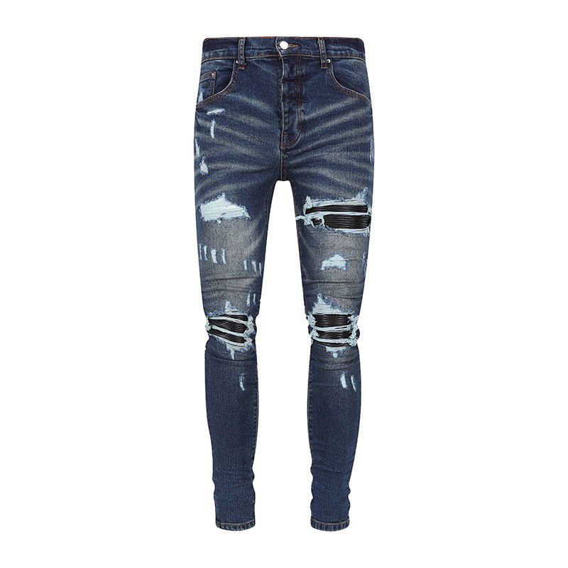 Men's Clothing Street Fashion Jeans Blue Vintage Skinny Ripped Leather Patch Jeans_viptrois.com