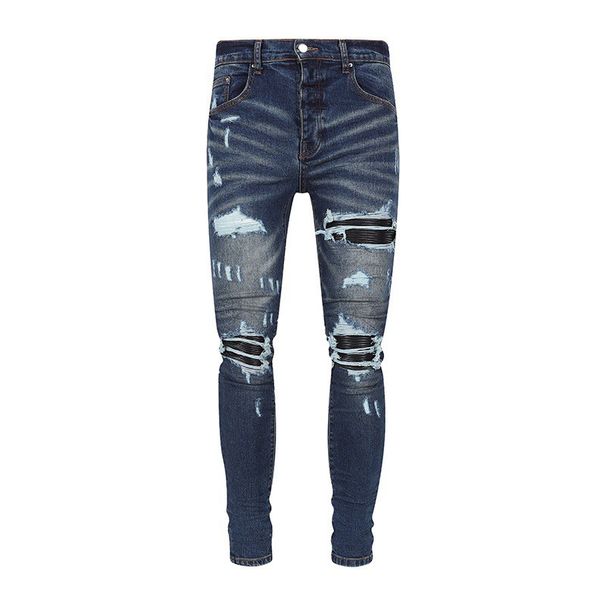 Men's Clothing Street Fashion Jeans Blue Vintage Skinny Ripped Leather Patch Jeans_viptrois.com