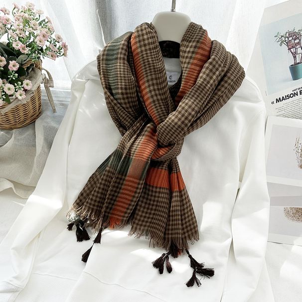 Unisex Thousand bird lattice scarf women simple fashion silk scarf tassel plaid scarf shawl_viptrois.com