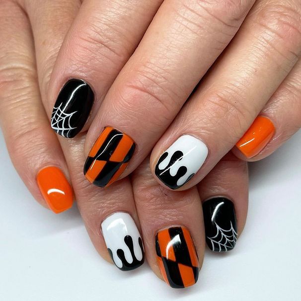 Short Glow Face Halloween Cobweb Plaid Orange Black 20.24 million Halloween Nail Art New Wear Armor 24 Pieces_viptrois.com