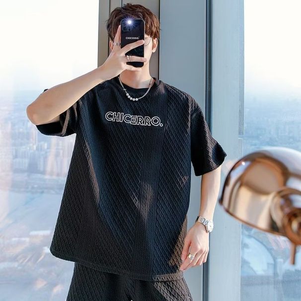 Men's Clothing Summer T Shirt Jacquard Sports Casual Suit Men's Spot Loose Short Sleeved Shorts Two Piece Suit_viptrois.com