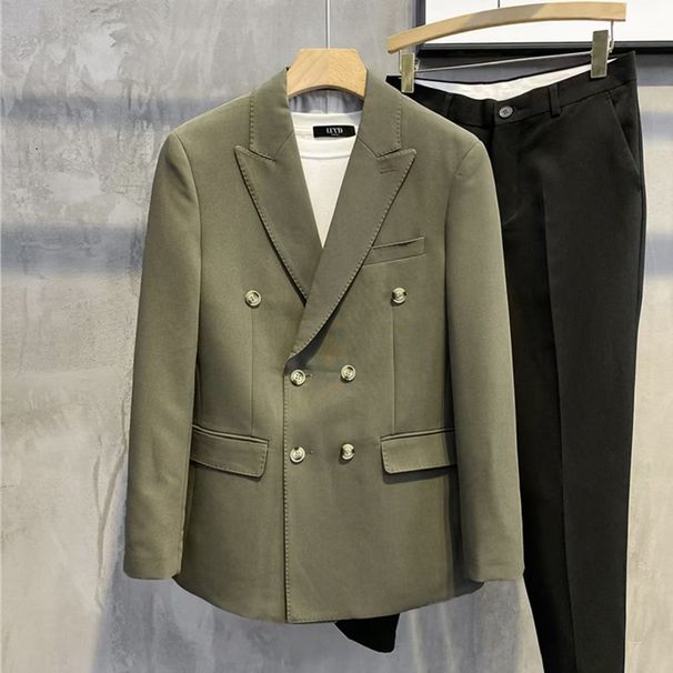 New autumn style slim fit men wearing double breasted suit jacket, casual youth suit, trendy single western-style men_viptrois.com