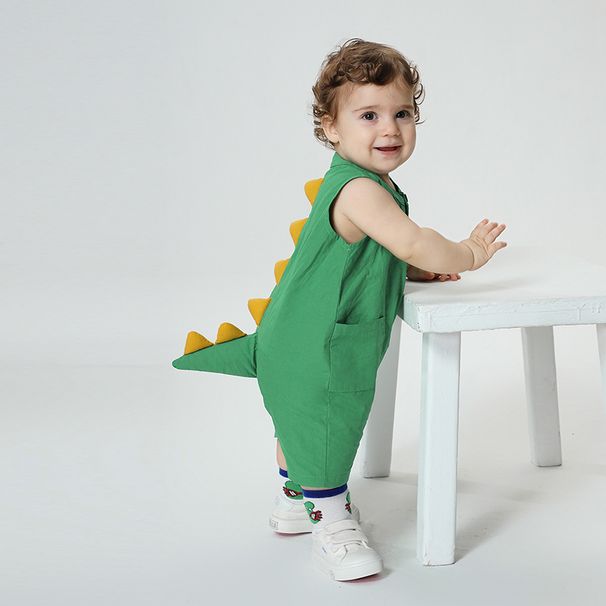 Qiletu New Summer 0 3 Years Old Infant Baby Romper Fresh Green Dinosaur Shape Sleeveless Romper_viptrois.com