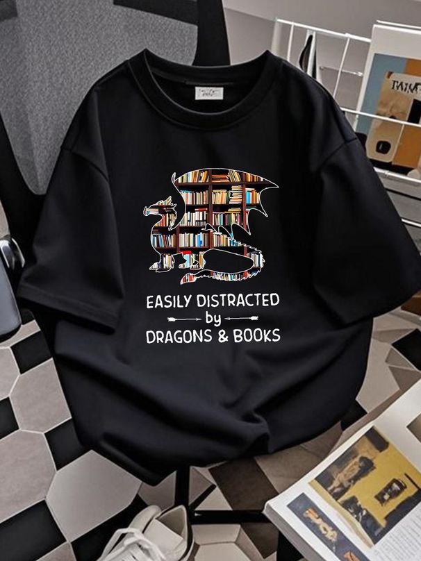 Easily Distracted By Dragons And Books Men's T-Shirt Funny Gift Cooton Tee Slightly Breathable Designer Clothes Fashion Unisex Stretched Summer_viptrois.com