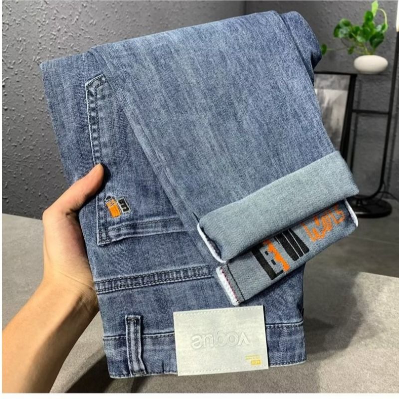 High End Men's Jeans Spring And Autumn New Style All Match Trend Elastic Small Straight Tube Ash Gray Printed Long Trousers Washed Jeans_viptrois.com