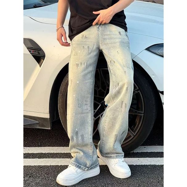 American Retro Splatter Tie Dye Jeans For Men, Autumn High Street Vibe Style Trousers, High End Straight Leg Slightly Flared Trousers_viptrois.com
