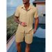 Men's Green Vertical Striped Casual Suit Versatile Breathable Vacation Style Shirt Shorts Set New_viptrois.com
