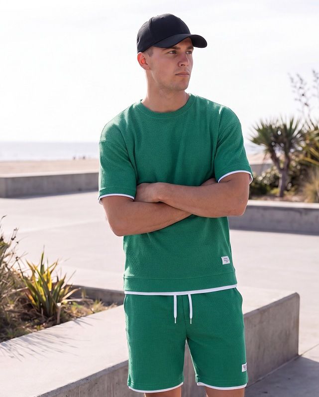 Summer Men's Sports Casual T-Shirt And Shorts Set Style Handsome 2 Piece Set Waffle Pattern_viptrois.com
