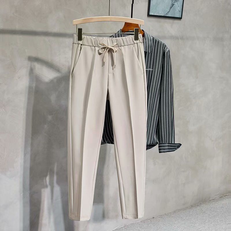Men's Clothing Drawstring Elastic Waist Small Suit Trousers Men Simple Cotton Suit Trousers Casual Trousers Solid Color Nine Points Suit Trousers_viptrois.com