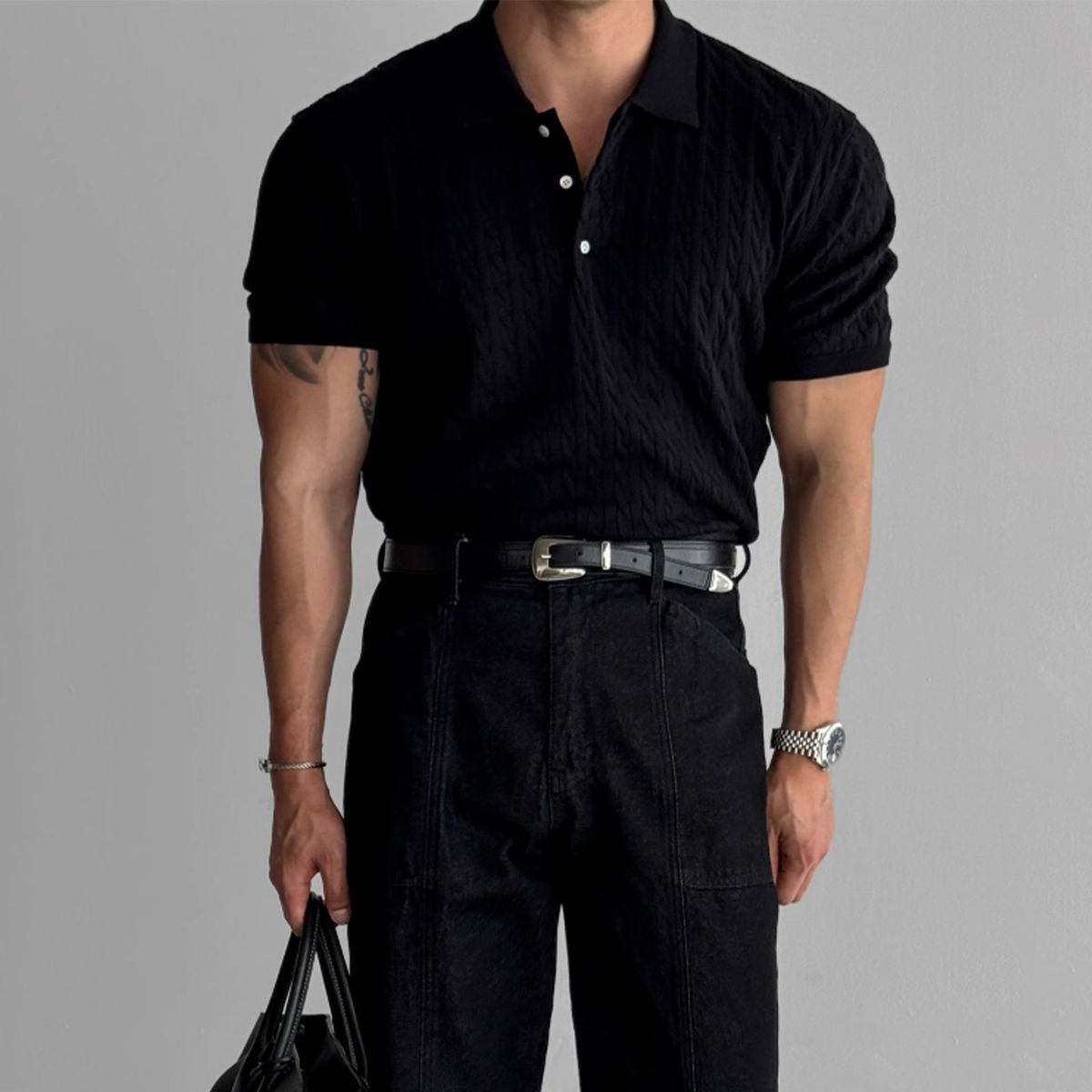 Men's Clothing Niche Short Sleeved Knitted Polo Shirt Men's Summer American Fitness Slim Stretch T Shirt Lapel Retro Top_viptrois.com