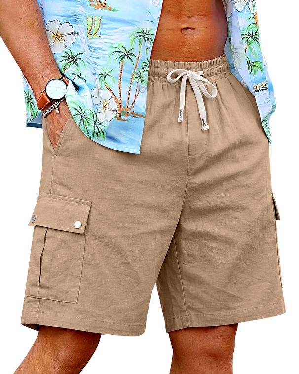 Men's Cotton Linen Casual Loose Shorts Summer Multi Pocket Beach Cargo Pants Style_viptrois.com