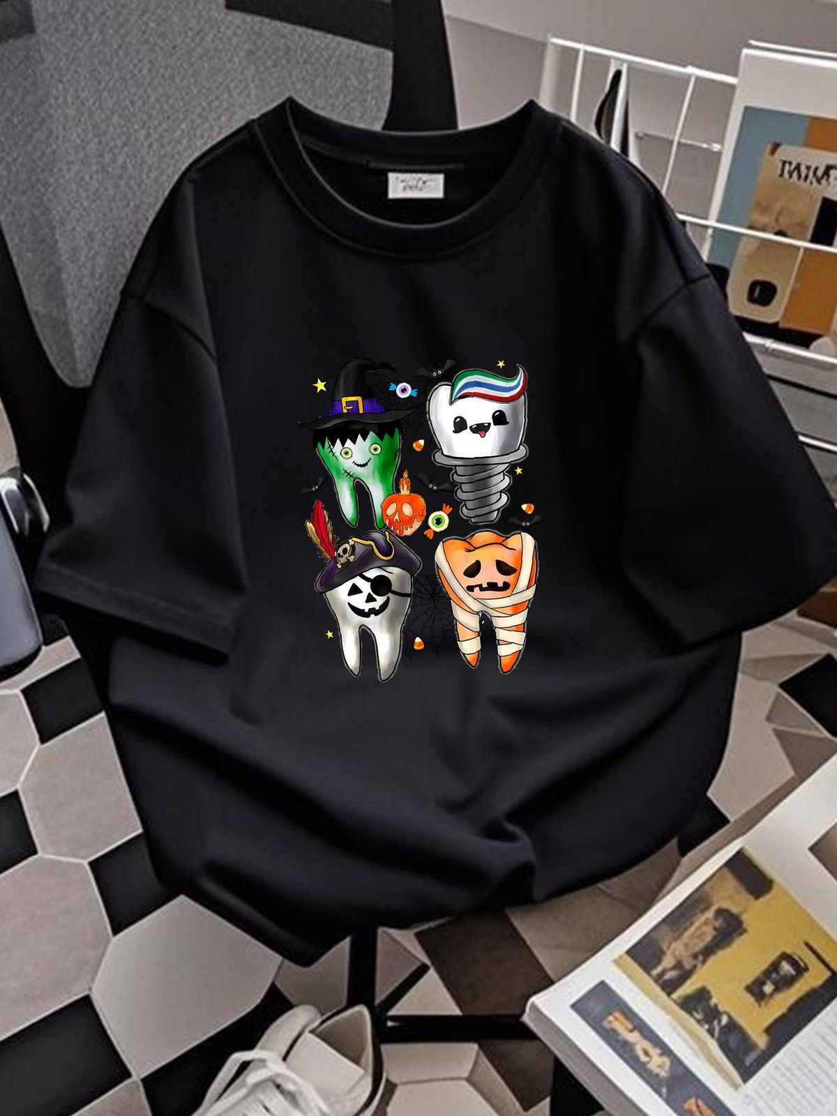 Halloween Dental SweaT T Shirt Dentist Spooky Breathable Casual Unisex Graphic Top For Everyday Wear Fashion Stretched Comfortable Versatile_viptrois.com