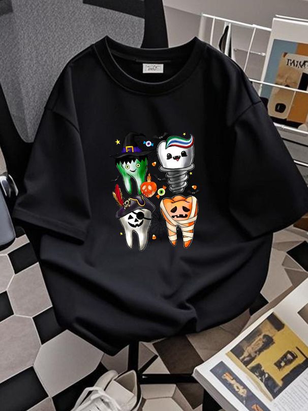 Halloween Dental SweaT T Shirt Dentist Spooky Breathable Casual Unisex Graphic Top For Everyday Wear Fashion Stretched Comfortable Versatile_viptrois.com