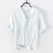 Men's Clothing Linen Short Sleeve Casual T-Shirt Relaxed Fit V-Neck Retro Breathable Shirt(White, Hemp, Gray, White Collar, Light Blue Collar)_viptrois.com