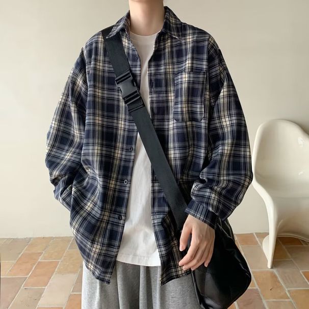 2026 Japanese Retro Plaid Long Sleeve Spring Autumn New Loose Fit Men's Shirt Jacket One Piece Dropshipping_viptrois.com