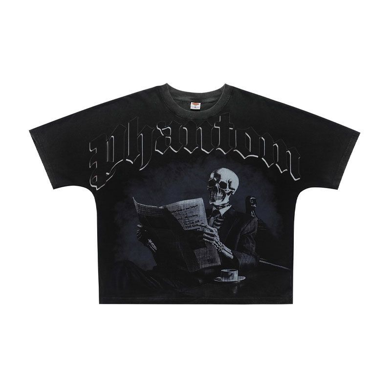 American-style Skull Print Washed Distressed Loose One-piece Cut Short-sleeve T-shirt Vintage_viptrois.com