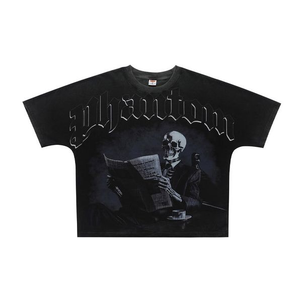 American-style Skull Print Washed Distressed Loose One-piece Cut Short-sleeve T-shirt Vintage_viptrois.com