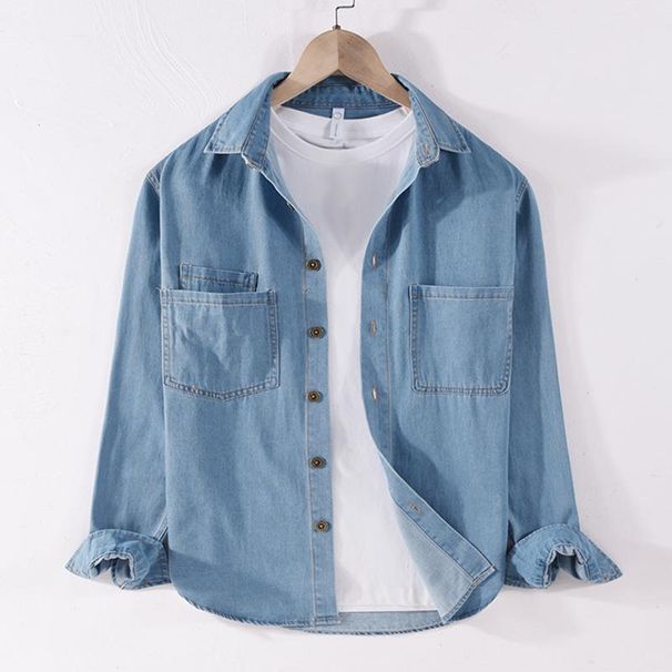 Spring And Autumn Casual Men's Denim Long Sleeved Shirt, Solid Color, Handsome, Simple, Versatile And Fashionable_viptrois.com