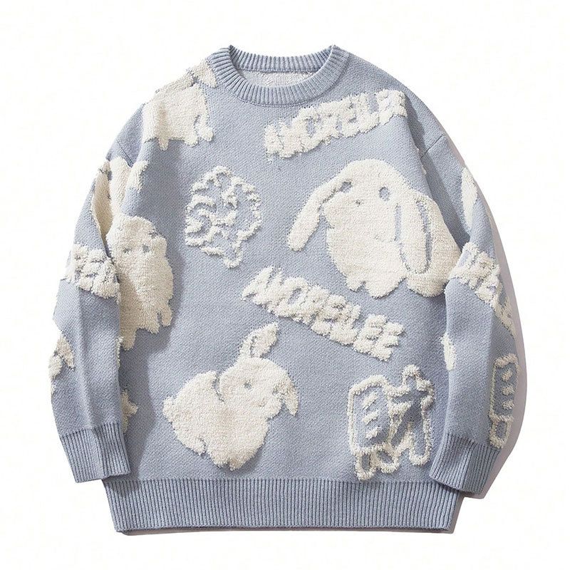 Men's Clothing 3D Flocked Lucky Rabbit Sweater For Men, Autumn/Winter New Round Neck Pullover Knitwear For Women_viptrois.com