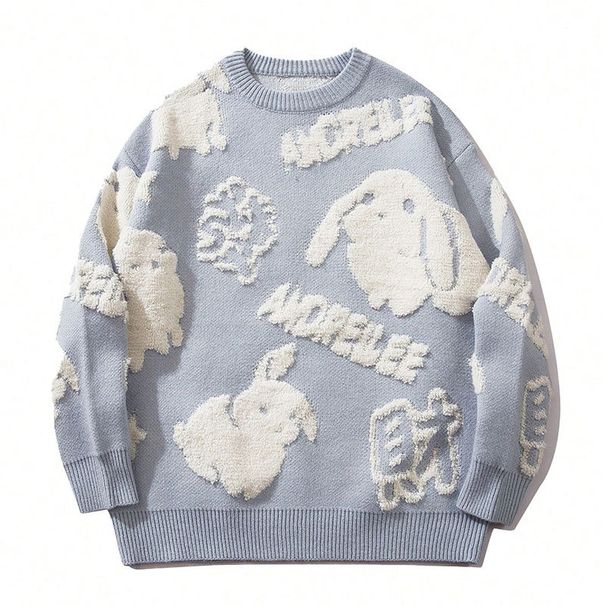 Men's Clothing 3D Flocked Lucky Rabbit Sweater For Men, Autumn/Winter New Round Neck Pullover Knitwear For Women_viptrois.com