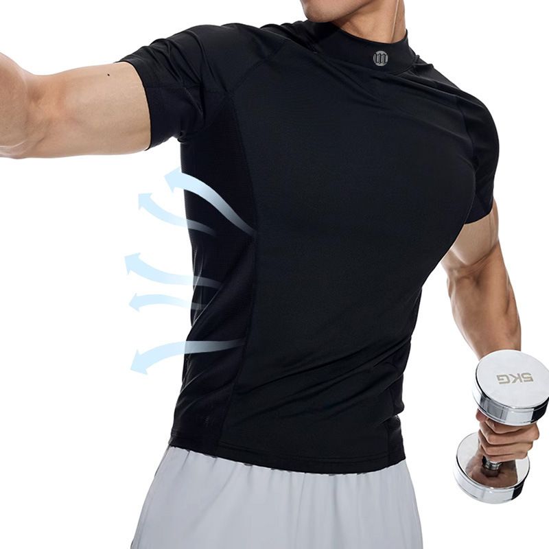 Men's Clothing High Collar Muscle Showing Fitness Clothes Mesh Fabric Stand Up Collar High Elastic Tights Short Sleeved Running Training_viptrois.com