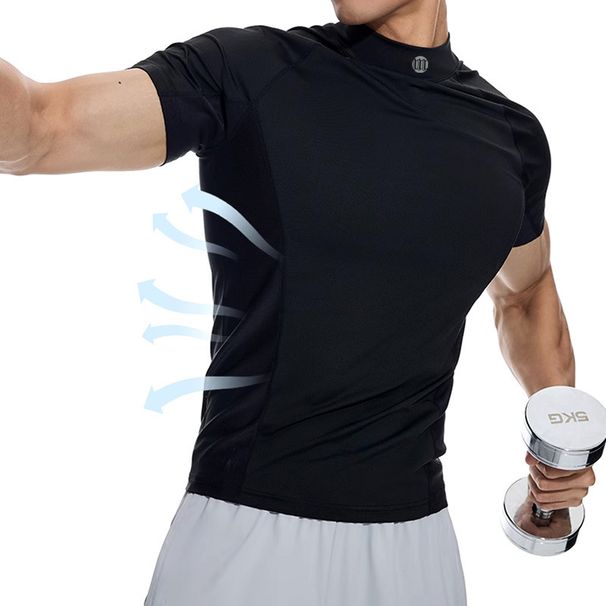 Men's Clothing High Collar Muscle Showing Fitness Clothes Mesh Fabric Stand Up Collar High Elastic Tights Short Sleeved Running Training_viptrois.com
