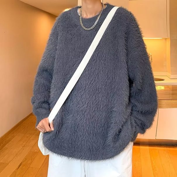 Long Velvet Pullover Knitted Sweater New Long Sleeved Round Neck Sweater Solid Color Sweater_viptrois.com