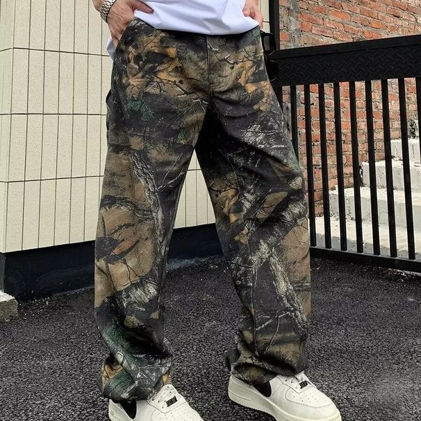 Premium Products High Street Washed Vibe Style Loose Splicing Camouflage Camouflage Leaf Print Lumberjack Outfit Looks Jeans Men_viptrois.com