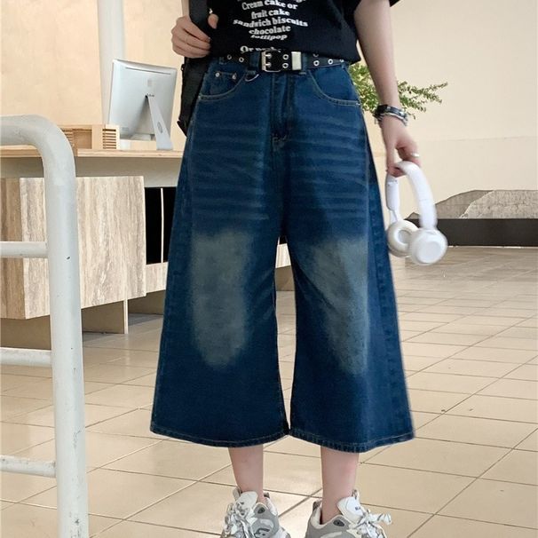 Unisex Vintage Washed Denim Wide-Leg Cropped Pants Summer Flowy Relaxed Fit Mid-Calf Cargo Shorts for Men And Women_viptrois.com