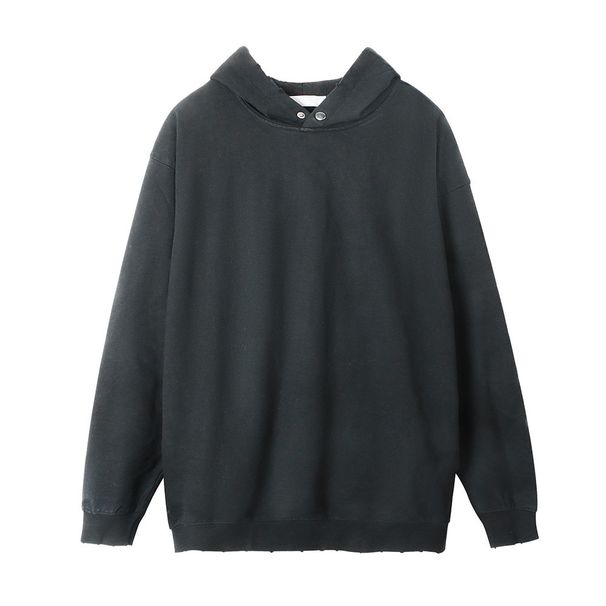 Solid Color Blank Hooded Sweatshirt Men's Autumn Winter Street Style Loose Side Seam Pocket Handmade Distressed Pullover_viptrois.com