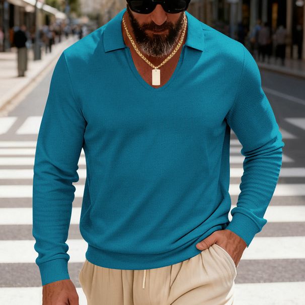 Men's Oversized V-Neck Polo Shirt – Heavyweight Casual Long Sleeve Top For Urban Style & Comfort_viptrois.com