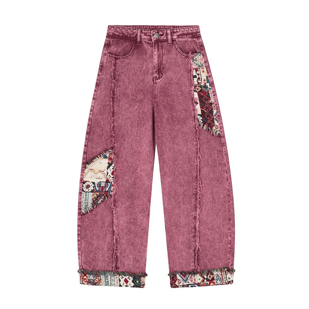 Color Block Patchwork Scimitar Jeans For Men Loose High Street Ins Trendy Brand Cool Washed Wide Leg Long Pants_viptrois.com