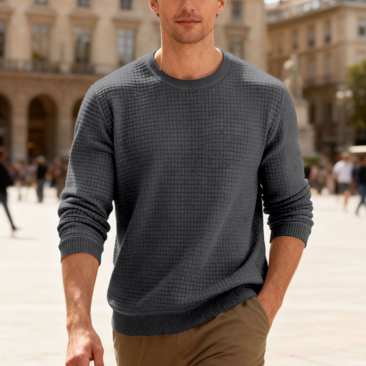 Men's Casual Long Sleeve Crewneck Sweatshirt - Loose Fit, Jacquard Pattern, Basic Solid Colors (White, Dark Gray, Black, Khaki, Army Green)_viptrois.com