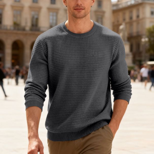 Men's Casual Long Sleeve Crewneck Sweatshirt - Loose Fit, Jacquard Pattern, Basic Solid Colors (White, Dark Gray, Black, Khaki, Army Green)_viptrois.com