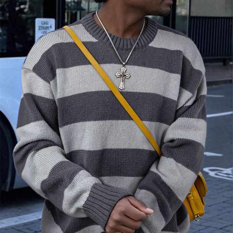 Retro Striped Sweater – Oversized Unisex Pullover (Grey/Blue/White, S-XL)_viptrois.com