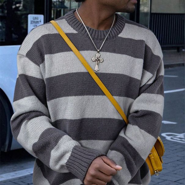 Retro Striped Sweater – Oversized Unisex Pullover (Grey/Blue/White, S-XL)_viptrois.com