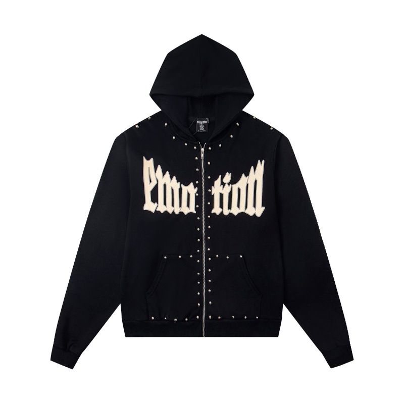 MIXED EMOTION Trendy High Street Letter Print Beaded Design Casual Unisex Hooded Cardigan Jacket_viptrois.com