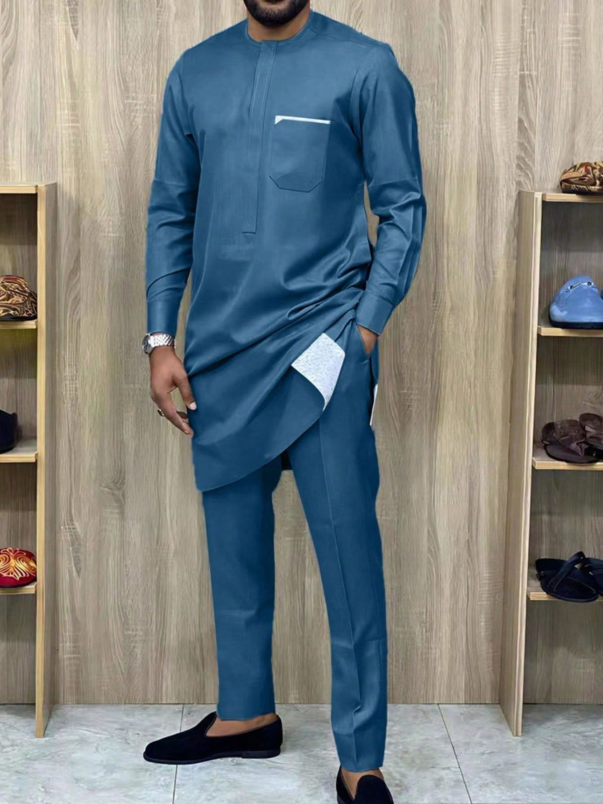 Men's Clothing New Style Affordable Men's Suit Men's Two Piece Suit Solid Color Round Neck African Ethnic Style_viptrois.com