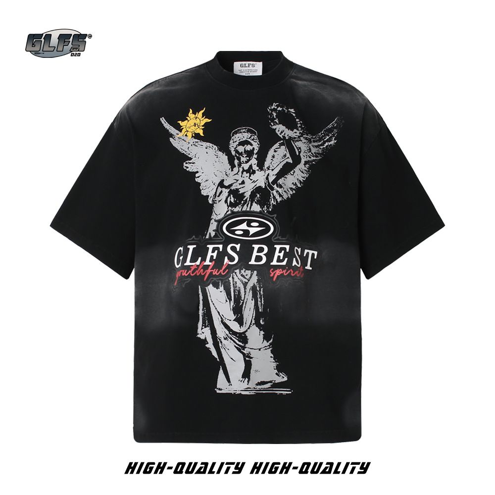 Men's Clothing GLFS Dopamine American Style Washed Old Fashion Men's Tops Summer Street Angel High End Short Sleeved Men's And Women's Style_viptrois.com