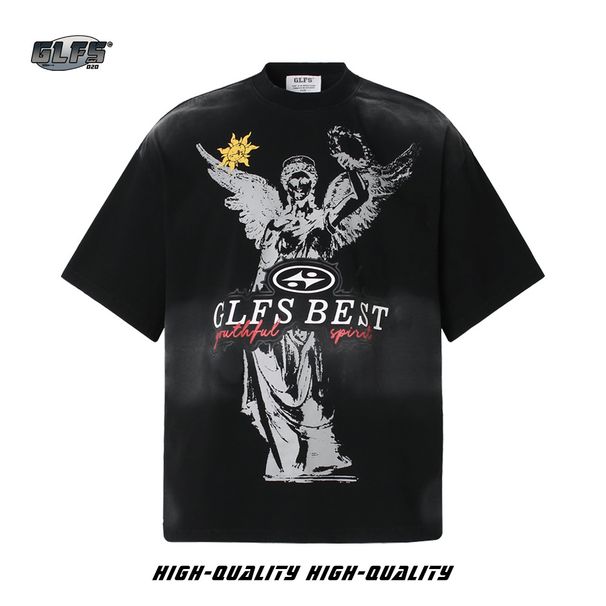 Men's Clothing GLFS Dopamine American Style Washed Old Fashion Men's Tops Summer Street Angel High End Short Sleeved Men's And Women's Style_viptrois.com