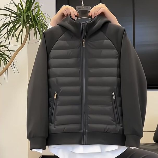 Trendy Lightweight Puffer Jacket For Men – Slim-Fit Hooded Coat With Color Blocking (Black/Grey)_viptrois.com
